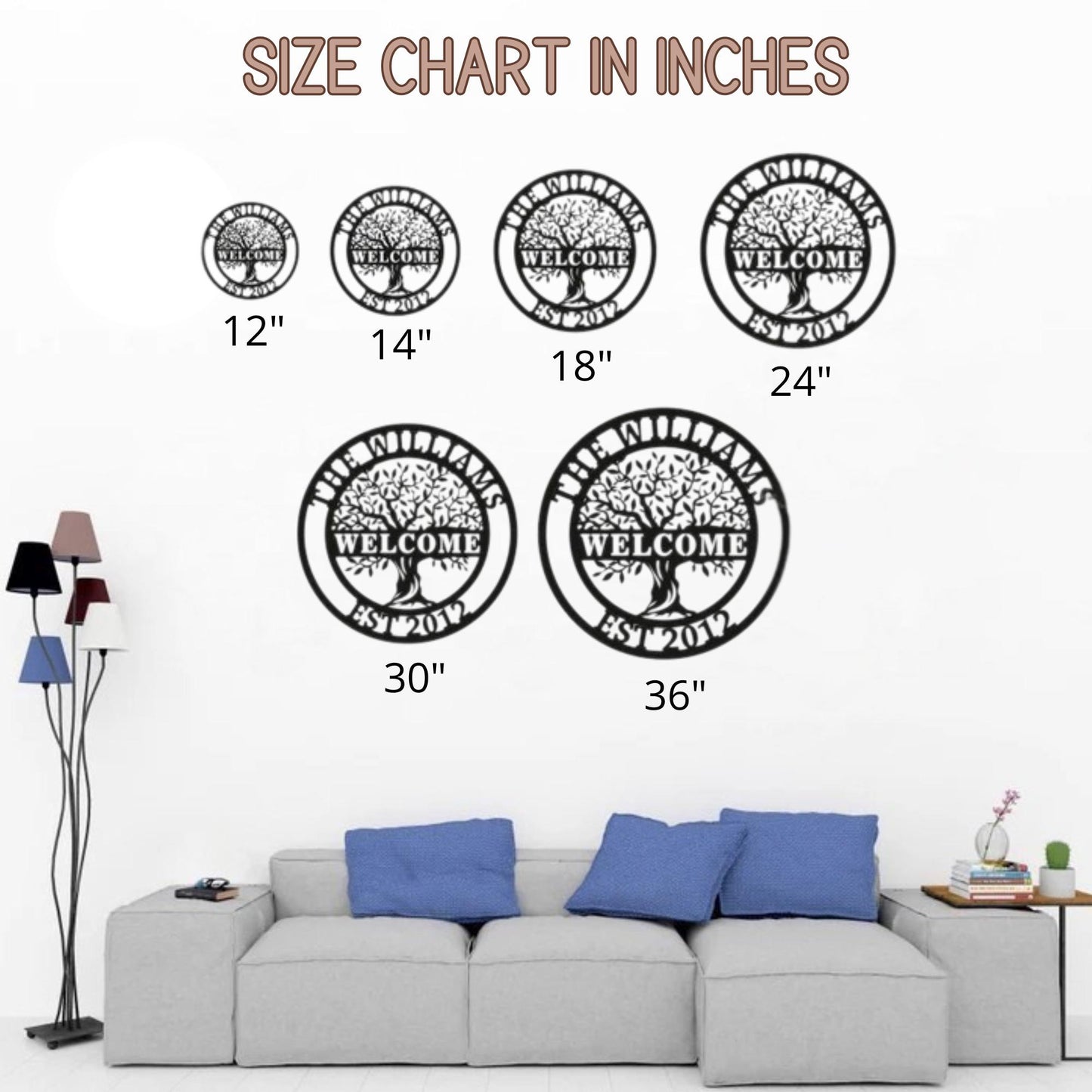 a wall with a size chart indicating the dimensions of various tree-themed wall art pieces. The chart includes circles and rectangles representing different sizes, with the largest circle being 36 inches and the smallest being 30 inches. The wall art pieces are arranged in a row, with the largest one being the largest circle and the smallest one being the smallest circle. The wall art is displayed in a living room setting, with a couch and a lamp visible in the background.